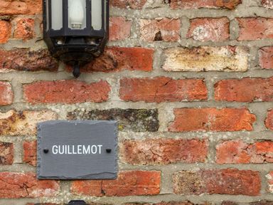A brick wall with a black lantern and a slate sign with the word Guillemot