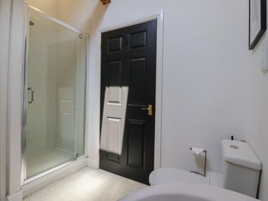 A bathroom with a shower enclosure a black door and a toilet at Guillemot in Flamborough