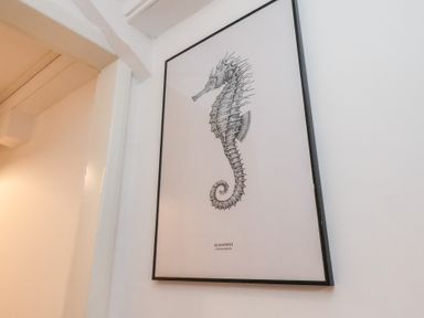 A seahorse illustration in a frame at The Pheasantry in Flamborough