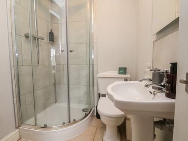 A bathroom with a shower, toilet, and sink at The Pheasantry in Flamborough