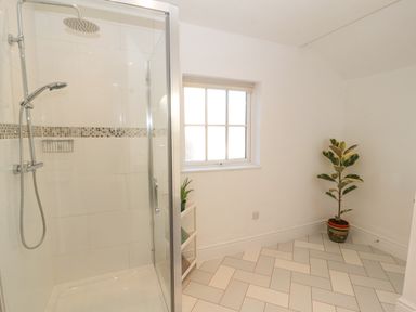 A bathroom with a shower enclosure a window a small white shelf and a potted plant at Hillside Hideaway in Wigton