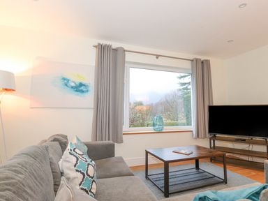 A living room with a gray sofa patterned cushions wooden coffee table a television and large window at Tandarra in Keswick