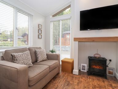 A living room with a beige sofa two patterned cushions a small electric fireplace wall mounted television and windows with blinds at Snuggledown in Troutbeck 5 White Cross Bay near Windermere