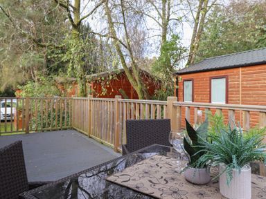 An outdoor deck area with a black table and chairs potted plants on the table wooden railing and wooden cabins in the background at Snuggledown in Troutbeck 5 White Cross Bay near Windermere