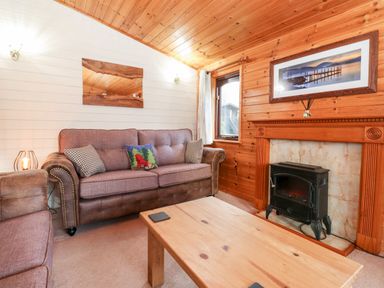 A living room with sofas a wooden coffee table a fireplace and a window at Latrigg Lodge Number 9 Burnside Park near Keswick