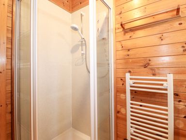 A shower cubicle with a hand shower and a wooden wall with a white towel radiator at Latrigg Lodge Number 9 Burnside Park near Keswick
