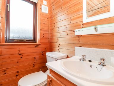 A bathroom with a toilet sink mirror window and wooden walls at Latrigg Lodge Number 9 Burnside Park near Keswick