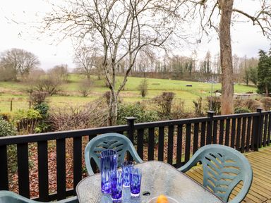 An outdoor deck with plastic chairs and a glass table with blue glasses overlooking a grassy field at Latrigg Lodge Number 9 Burnside Park near Keswick