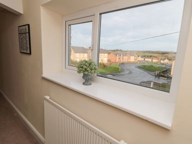 A window with a plant on the sill overlooking a residential street at Courtyard Cottage in Alnwick