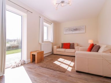 A living room with a sofa and lamp at Country Cottage in Brecon