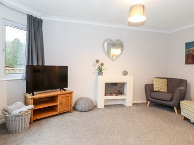 A living room with a tv on a wooden stand a gray armchair a white electric fireplace and a heart shaped mirror at Hill Lodge in Applethwaite 2 Limefitt Park near Windermere