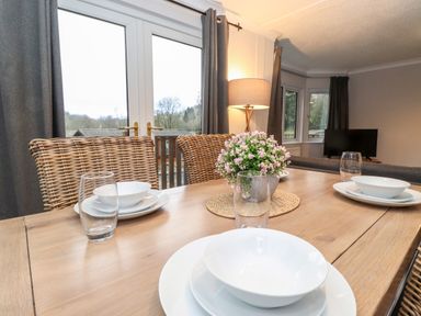 A dining table with plates bowls glasses and a flower pot with chairs near windows and a lamp in a living area at Hill Lodge Applethwaite 2 Limefitt Park near Windermere