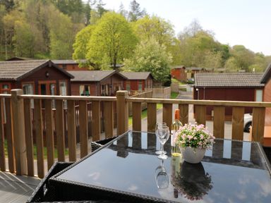 A balcony with a table holding a bottle of wine two glasses and a flower pot overlooking wooden lodges and trees at Hill Lodge in Applethwaite 2 Limefitt Park near Windermere