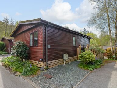 A wooden lodge building with plants and trees around it at Hill Lodge Applethwaite 2 Limefitt Park near Windermere