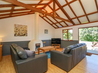 A living room with two sofas facing a coffee table and a television near a fireplace at Bay Tree Lodge 35 in Watermouth near Berrynarbor