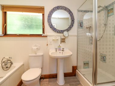 A bathroom with a bathtub toilet sink round mirror and shower at Bay Tree Lodge 35 Watermouth near Berrynarbor