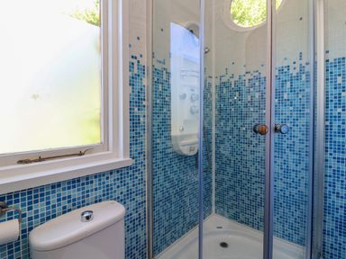 A bathroom shower with blue mosaic tiles next to a toilet and frosted window at Bay Tree Lodge 35 Watermouth near Berrynarbor