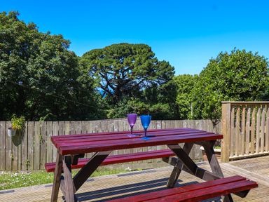 A wooden picnic table with two colored glasses on a deck with wooden fence and trees in the background at Bay Tree Lodge 35 Watermouth near Berrynarbor