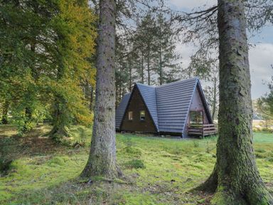 A wooden A-frame cabin surrounded by trees and grass at 27 Invergarry Lodges in South Laggan near Invergarry