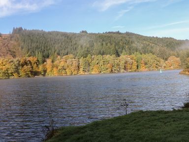 A river with trees on the far bank and grassy shore in the foreground at 27 Invergarry Lodges in South Laggan near Invergarry