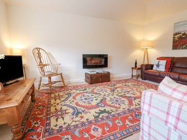 A living room with a patterned rug a wooden rocking chair a leather sofa a plaid armchair and a wall-mounted fireplace at Wellington Lodge Cottage in Middleton Tyas