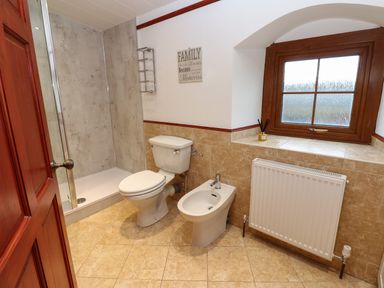 A bathroom with a shower, toilet, bidet, radiator, and a window at Winding Wheel Cottage in Cambois near Ashington