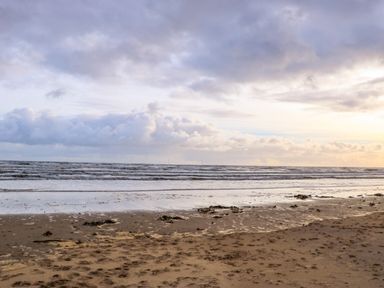 A sandy beach with seaweed and waves under a cloudy sky at Winding Wheel Cottage in Cambois near Ashington