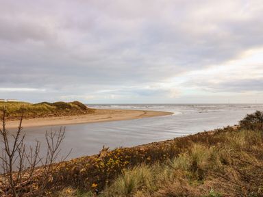 A coastal scene with a sandy beach river mouth and grassy dunes at Winding Wheel Cottage in Cambois near Ashington