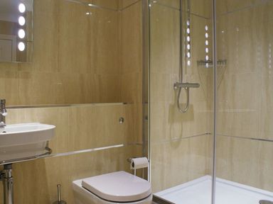 A bathroom with a toilet sink and shower enclosure at 19 Burgh Island Causeway in Bigbury-On-Sea