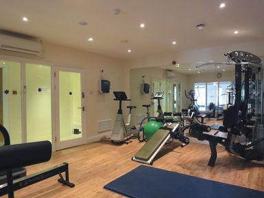A gym room with exercise bikes a weight bench a fitness ball and wall mirrors at 19 Burgh Island Causeway in Bigbury-On-Sea