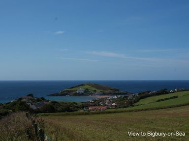 A coastal view with green fields and houses leading to an island at Bigbury-On-Sea