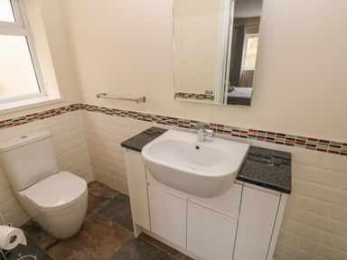A bathroom with a toilet and a sink with a cabinet and a mirror above at Llygad Y Lleuad ( Moon) in Burry Port