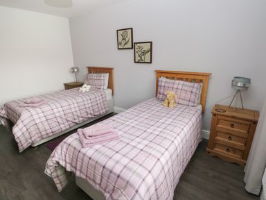 A bedroom with two single beds with pink checkered bedding two bedside tables with lamps and two framed botanical prints on the wall at Llygad Y Lleuad ( Moon) in Burry Port