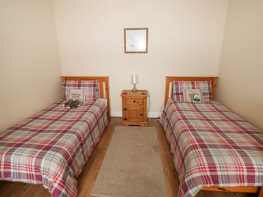 A bedroom with two single beds with checked bedding a wooden nightstand with a lamp and a framed picture on the wall at Llygad Yr Haul Sun in Burry Port