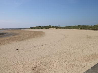 A sandy beach with grassy dunes in the background at Llygad Yr Haul (Sun) in Burry Port