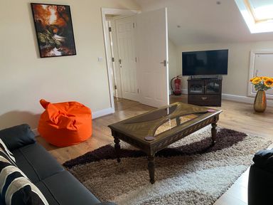 A living room with a sofa a coffee table a bean bag a television and a vase with flowers at Llygad Yr Haul (Sun) in Burry Port