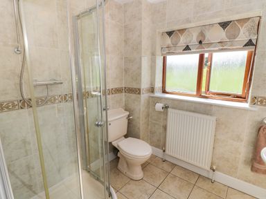 A bathroom with a shower enclosure a toilet a window with a patterned blind and a radiator at Little Owl Barn in Upton Snodsbury