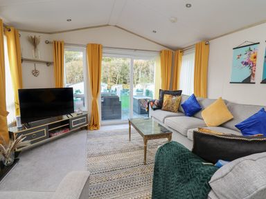 A living room with a grey sofa with blue and yellow cushions a patterned rug a glass coffee table a black TV on a black and gold TV stand and yellow curtains at 95 Hafan Taffy in Gilfachrheda near Llanarth