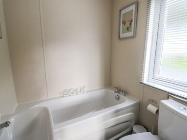 A bathroom with a bathtub a toilet a sink and a window with blinds at 95 Hafan Taffy in Gilfachrheda near Llanarth