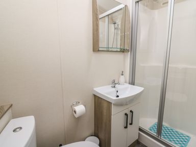 A bathroom with a toilet a sink with cabinet a mirror and a shower enclosure with sliding doors at 95 Hafan Taffy in Gilfachrheda near Llanarth