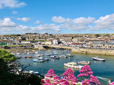 A harbor with boats on the water and buildings along the shoreline in a town with flowers in the foreground at Harveys House in Helston