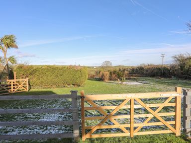 A fenced grassy area with patches of snow under a clear sky at Capel Park (Tyddynod Bach) in Llandyfrydog near Llanerchymedd