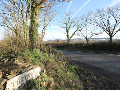 A countryside road with leafless trees and a sign reading Tyddynod Bach at Capel Park Tyddynod Bach in Llandyfrydog near Llanerchymedd
