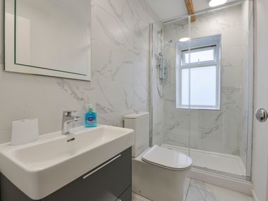 A bathroom with a sink cabinet toilet and shower at 2 Bayview in Torcross
