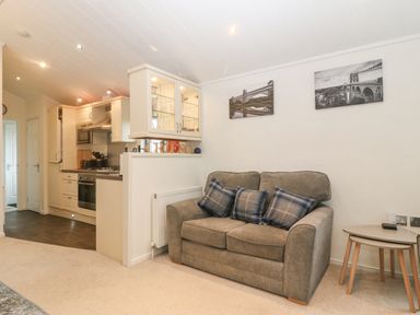 A living room with a gray sofa and blue plaid cushions next to a kitchen area at Y Caban in Brynsiencyn