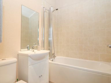 A bathroom with a white toilet sink cabinet mirror and bathtub with shower at Y Caban in Brynsiencyn