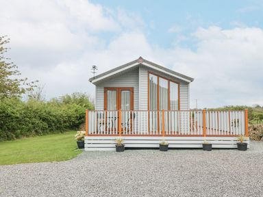 A small cabin with a wooden deck and potted plants on gravel and grass at Y Caban in Brynsiencyn