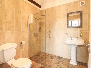 A bathroom with a toilet a walk in shower with glass partition and a pedestal sink with a mirror at The Five Bells Inn in Upwell