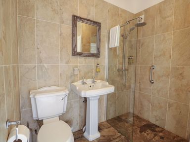 A bathroom with a toilet pedestal sink mirror and a glass-enclosed shower at The Five Bells Inn in Upwell