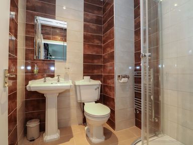 A bathroom with a pedestal sink a toilet a wall-mounted mirror a shower enclosure and a trash bin at The Five Bells Inn in Upwell